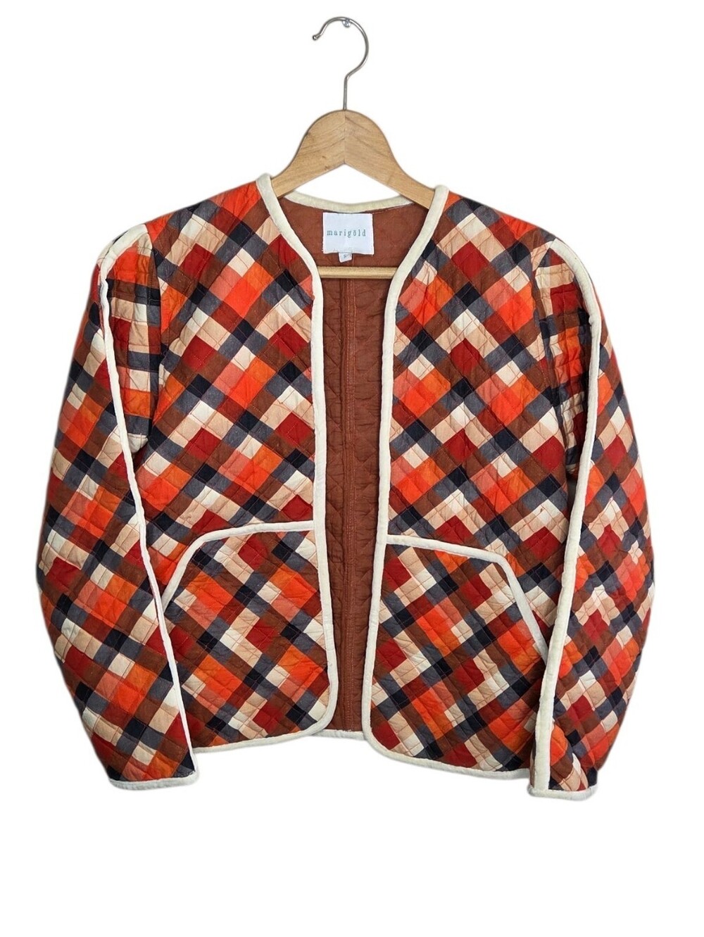 Marigold by Victoria Dunn Orange Cream Navy Quilted Open Front Jacket Size Small